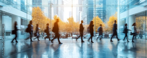 Blurred Motion of Business People Walking Past City Trees Through Glass Windows