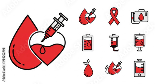 Blood donation icons and symbols for medical health awareness.