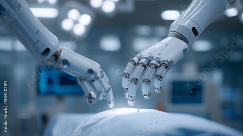 Robotic surgical arms hovering over a sterile operating table in a bright white clinical environment, titanium joints articulating with inhuman precision above a phantom torso, glowing interface pan