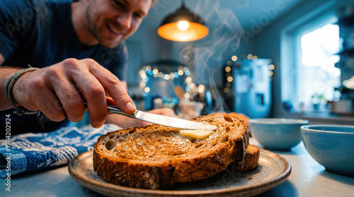Man Spreading Butter on Freshly Toasted Bread in Cozy Kitchen with Warm Ambient Lighting and Steam Rising from Toast