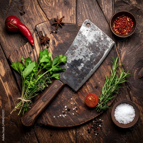 Butcher's cleaver on wood board, surrounded by spices, herbs, and a pepper. Dark, rustic food styling