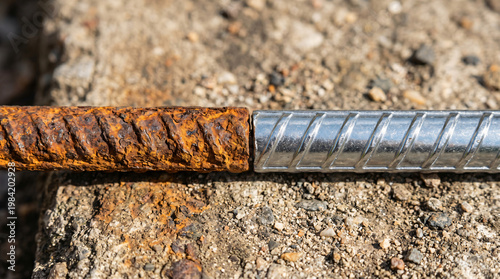 Close-up of Corroded and New Metal Rebar on Rough Concrete Surface in Natural Light