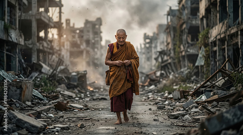 Solitary Monk Walking Through Abandoned Urban Ruins Amidst Dust and Debris in a Post-Apocalyptic Setting