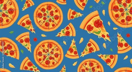 Seamless pattern featuring whole pepperoni pizzas and individual slices with melted cheese and green herbs on a solid blue background. Detailed flat vector illustration for food design.