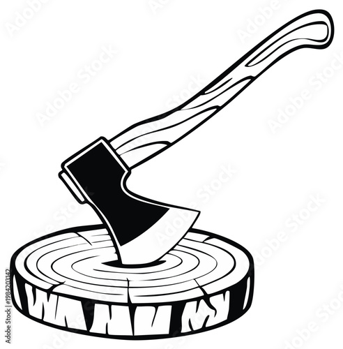 Sharp Axe Head Embedded in Textured Wood Log Vector Illustration Black and White