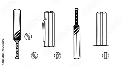 Set of black and white vector icons featuring cricket equipment including two bats, wicket stumps with bails, and four cricket balls, isolated on a plain white background.