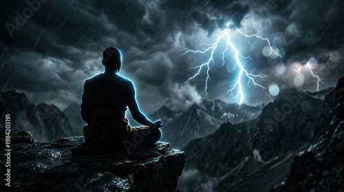 Meditative Monk in Stormy Landscape with Lightning and Dark Clouds Evoking Serenity Amidst Chaos and Nature's Powerful Elements