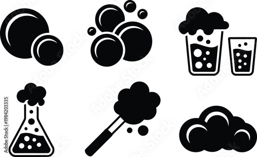 Black silhouette icons of bubbles beakers and drinks