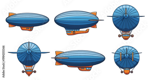 Set of stylized blue and orange airship illustrations showing multiple perspectives including side profile, front, and rear views, isolated on white background for graphic design.