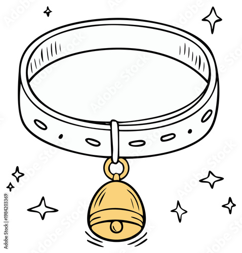 Cute cartoon pet collar with a jingling bell and sparkling stars illustration
