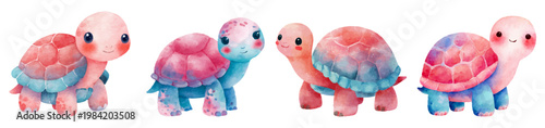 Four sweet watercolor turtles with colorful pink and blue shells, standing and smiling, perfect for kids' designs, nursery decor, and playful animal themes