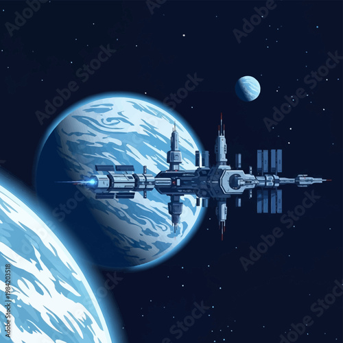 Modular futuristic space station with solar panels orbiting multiple blue gas giant planets in deep outer space with a dark starry background vector illustration graphic.