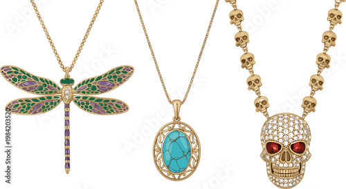 Luxury Jewelry Necklace Collection Featuring Dragonfly Pendant, Turquoise Gemstone Oval Charm, and Skull Design with Gold Chain for Fashion AccessoriesLuxury Jewelry Necklace Collection Featuring Drag