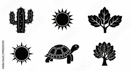 Six black silhouette nature icons including a saguaro cactus, two sun symbols with rays, a leafy plant branch, a land tortoise turtle, and a deciduous tree isolated on white.