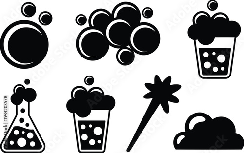 Black and white bubble icons set diverse representations of bubbles