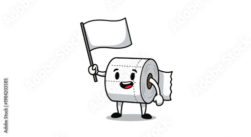 A funny anthropomorphic toilet paper mascot with a smiling face and limbs, holding a white flag in its hand as a symbol of surrender, isolated on a white background vector illustration.