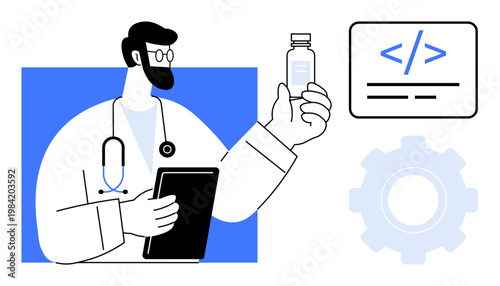 Digital health, telemedicine, pharmaceutical innovation, medical coding, software development, technology concepts. Doctor holding a medicine bottle and tablet with coding symbol and gear