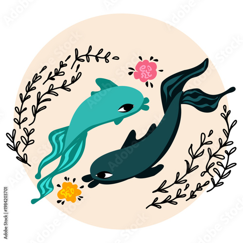 Pisces zodiac sign with ornament of plants and roses in circle. Fish. Horoscope, astrology. Vector illustration