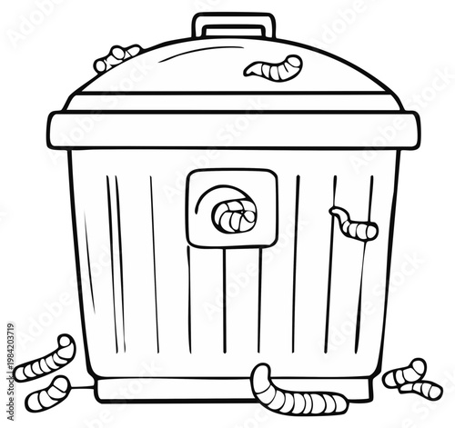 Cartoon trash can infested with many creepy crawly worms and larvae