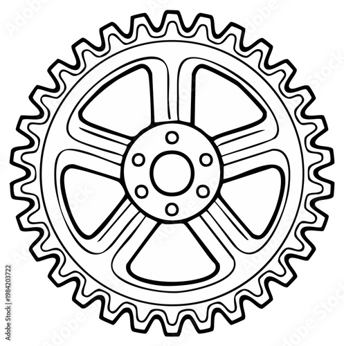 Gear wheel outline drawing a single isolated mechanical part with interior spokes and perimeter cog teeth for technical diagrams