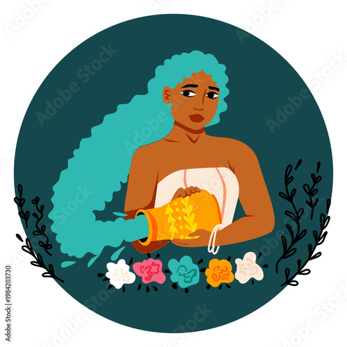 Aquarius zodiac sign. Woman with blue hair and jug with water. Ornament of plants and roses  in circle. Horoscope, astrology. Vector illustration