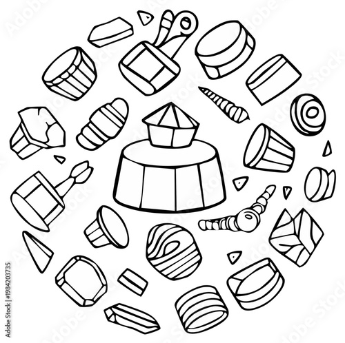 Black and white hand drawn gemstones and minerals arranged in a circular formation, jewelry concept
