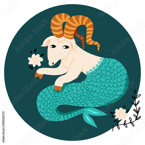 Capricorn zodiac sign with ornament of plants and roses in circle.  Horns and fish tail. Horoscope, astrology. Vector illustration