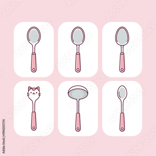 Collection of modern vector illustrations of diverse pink-handled spoons, including tablespoons, a ladle, dessert spoons, and a charming cat-faced character spoon.