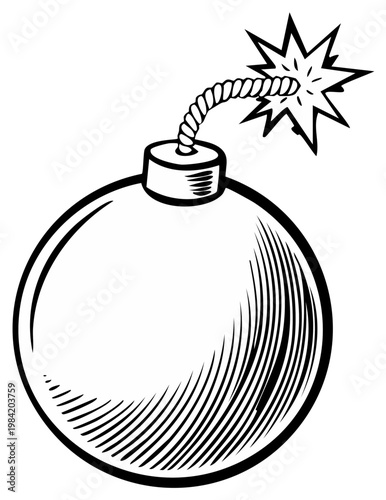 Classic cartoon bomb with a burning fuse and starburst explosion