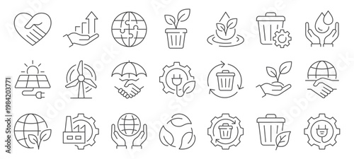 Eco sustainability thin line icons, such as recycling, renewable energy, green technology, water conservation and more. Editable stroke vector illustrations.