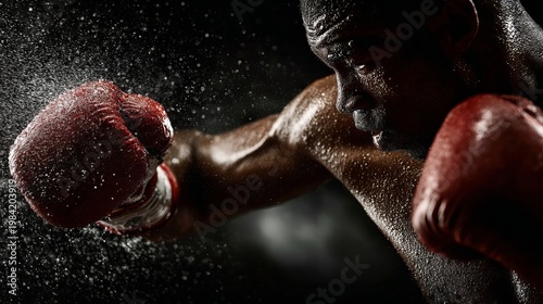 A muscular man wearing boxing gloves throws a powerful punch in a dark setting with sweat and dust flying around him.
