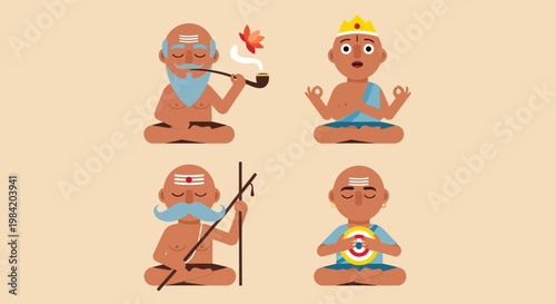 Stylized illustration set depicting wise spiritual masters and meditating figures embodying tranquility, wisdom, and ancient cultural practices