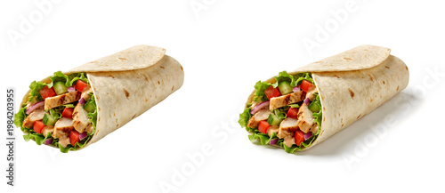 Obraz na plátne Grilled chicken wrap with fresh vegetables, healthy flour tortilla burrito with