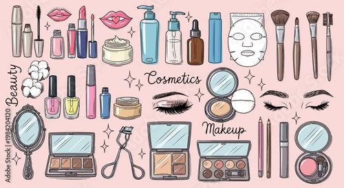 Vibrant collection of hand-drawn beauty essentials and makeup products, featuring skincare items, application tools, and cosmetic accessories in a charming doodle style