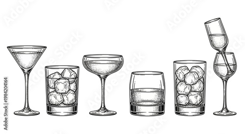 Hand-drawn sketch illustration of elegant bar drinkware, showcasing a diverse collection of cocktail and beverage glasses, ideal for mixology designs and drink menu visuals