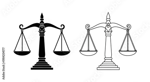 Vector illustration of traditional balance scales, both solid and outline, symbolizing justice, law, equity, and fairness in legal and ethical contexts, ideal for judiciary and legal themes