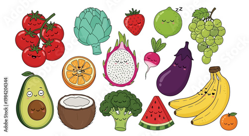 A vibrant collection of cute and quirky fruits and vegetables, showcasing a variety of produce with expressive faces in a playful illustration style