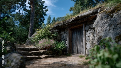 An old stone wall and wooden door in the woods. On top, there is a grassy roof made from rocks, the entrance to a cave house home with plants growing around it. 