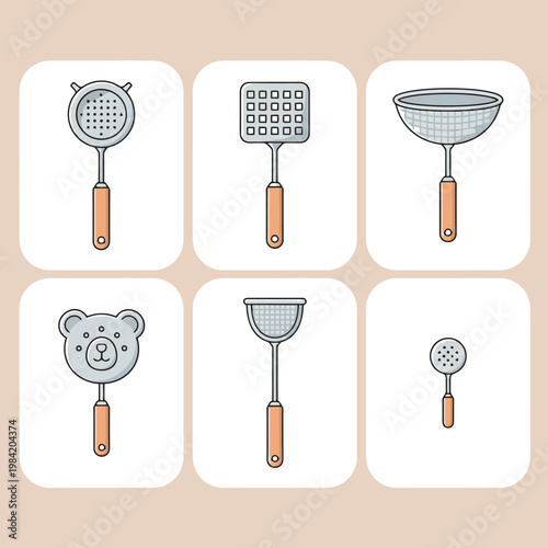 Detailed vector illustrations of various metal kitchen strainers and skimmers with wooden handles, featuring different sizes, a square mesh, and a cute bear-faced design.