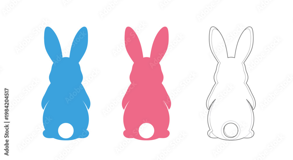 Fototapeta premium Three Silhouettes of Bunny Rabbits in Blue, Pink, and White, Facing Away from the Viewer