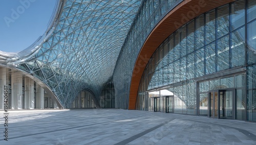 A modern architectural marvel showcases a sweeping glass and steel structure under a clear blue sky.