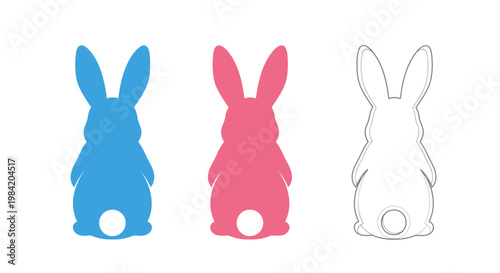 Three Silhouettes of Bunny Rabbits in Blue, Pink, and White, Facing Away from the Viewer