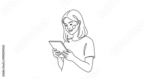 Line Drawing of a Young Woman Engaged with a Tablet Device.