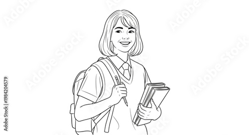 Line Drawing of a Young Student with Backpack and Books.