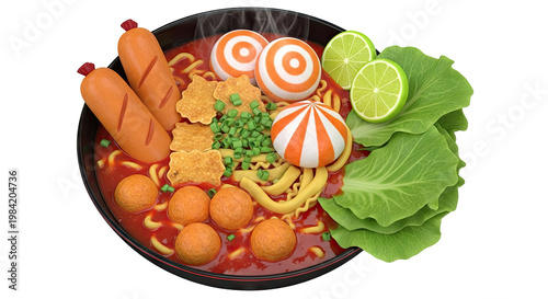 Creative Cartoon Style Noodle Bowl with Sausages and Fish Balls