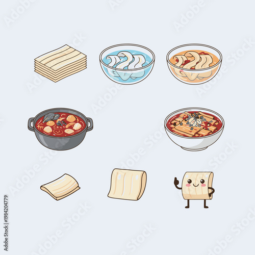 Large set of vector cartoon illustrations showcasing tofu skin or bean curd products, from a dry stack to a variety of bowls and pots with broth and a happy character.