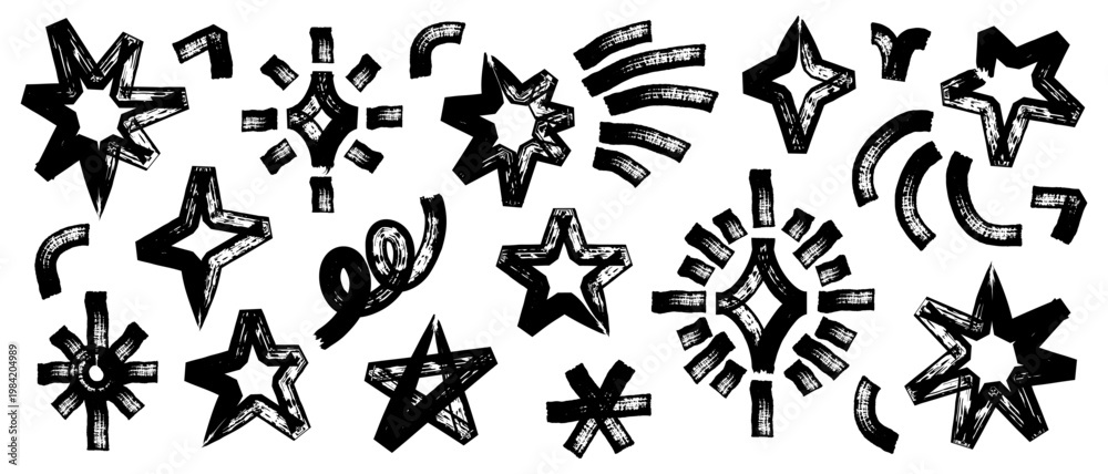 Fototapeta premium Hand drawn star shapes collection with bold marker strokes. Rough textured stars in sketch and grunge style. Decorative playful vector elements.