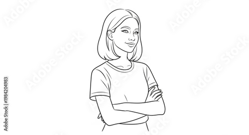 Line Drawing of a Confident Young Woman with Arms Crossed.