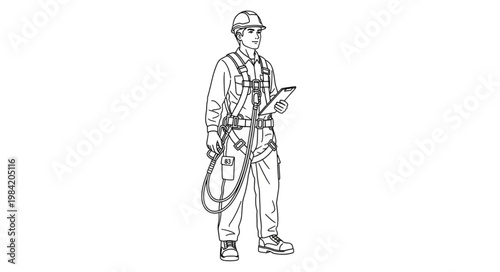 Line Drawing of a Construction Worker in Full Safety Gear.