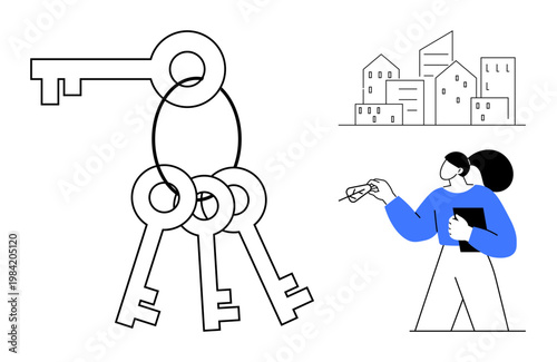 Real estate, property investment, business services, urban development, housing market, landlord services. Keys with city buildings and a professional holding a document. Real estate and property